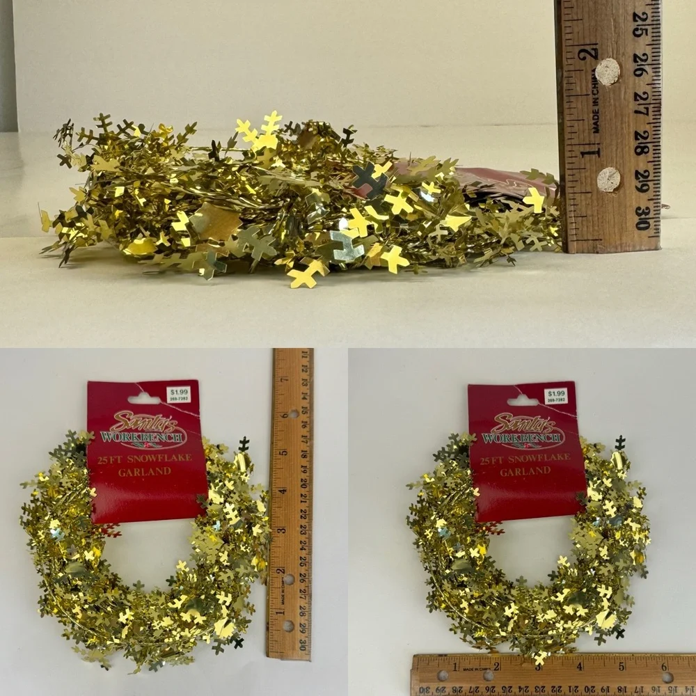 Vtg 1997 25ft Gold Snowflake Garland Wired Santas Workbench Fabri Centers of USA
